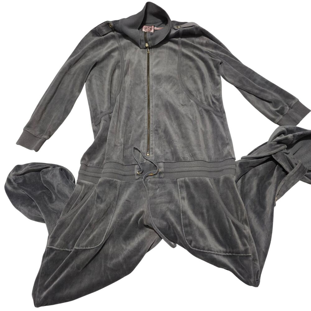 Vintage Y2K Juicy Couture Velour Jumpsuit Tracksuit Sleeper XL Pajama Gray Zipup